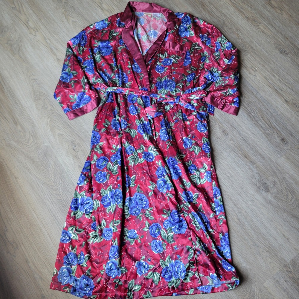 Intimate Moods Robe Womens 2X Burgundy Blue Rose Floral Satin Tie Waist Vintage